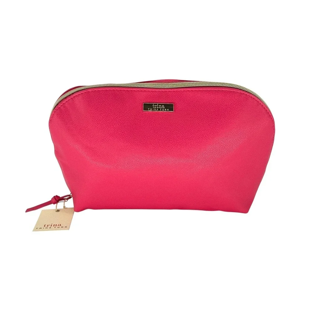 Trina Turk Pink Cosmetic Makeup Bag Case Pouch Faux Leather Travel Organizer New